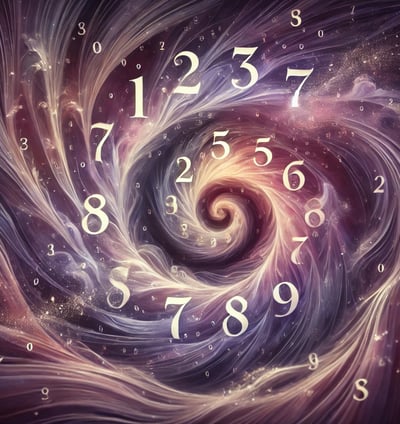 Imagem abstrata representando a numerologia pitagórica com um design fluido e números de 1 a 9 integrados em tons de roxo e l