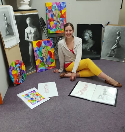 Artist Tanja Hassel with end of term display at London Atelier of Representational Art