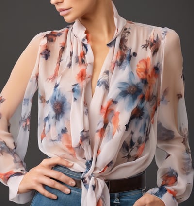 woman wearing a flowing pink chiffon printed blouse
