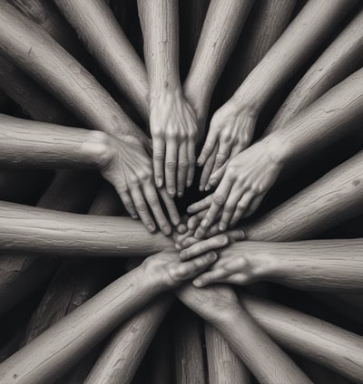 a group of people holding hands on top of a tree