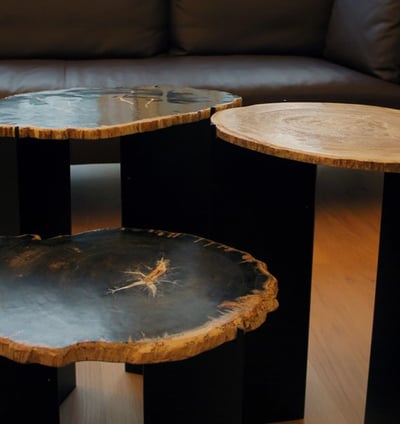 3 Petrified Wood Slices on metal bases as a coffee table