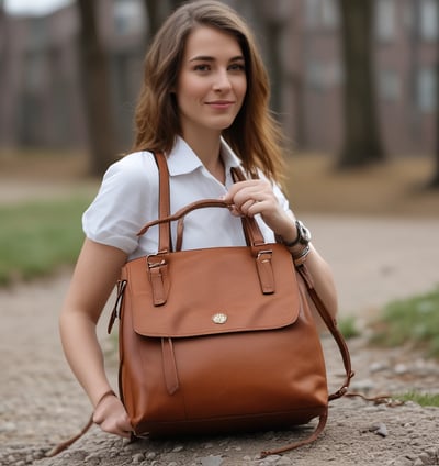 a woman in a white shirt and brown bag