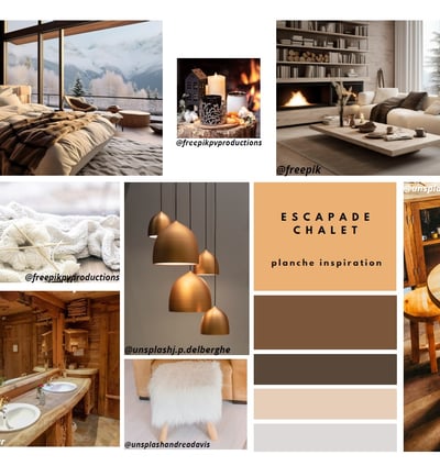 an inspiration board for a living room with a chalet-style fireplace / inspiration déco chalet