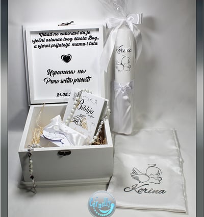 Personalizirani set za prvu pričest i krizmu s krunicom i Biblijom