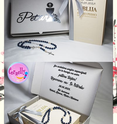 Personalizirani set za prvu pričest i krizmu s krunicom i Biblijom