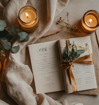 Flat lay accessoires mariage : sandales dorées, menu calligraphié