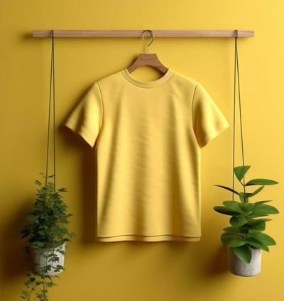Yellow tshirt hanging on a base of wood and making nice view with some greanery