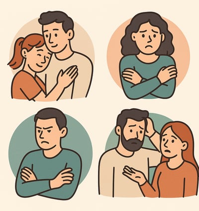 Illustration of a couple sitting back-to-back with thought bubbles above their heads, symbolising emotional distance and conn