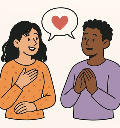 A 2D digital illustration of two illustrated characters, a man and woman, sitting across from each other talking, with soft f
