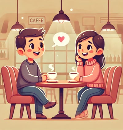 relationship check-in journal A cartoon-style illustration of a happy couple in a cozy café, deeply