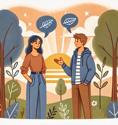 A cartoon-style illustration of a couple standing together in a park, engaging in a meaningful conve