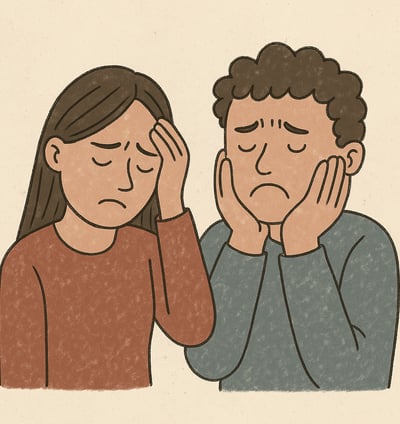 Cartoon-style square illustration of a woman and man sitting in emotional overwhelm, visually representing the theme of “unbe
