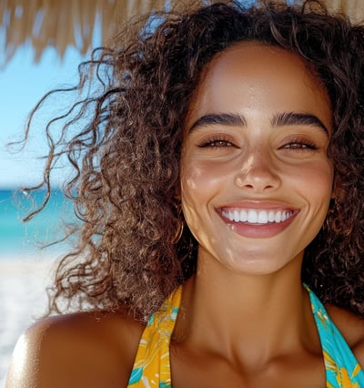 Woman with big smile on beach in Thailand, dental tourism Thailand