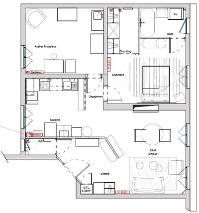 2D plan in autocad 3 room apartment / plan 2D sous autocad appartement 3 pièces