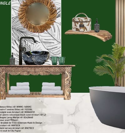 a jungle-style bathroom with original bathtub and mirror / salle de bain style jungle originale