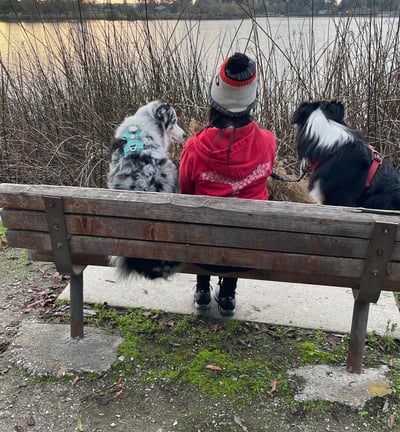 two Aussies in nature with a lake view