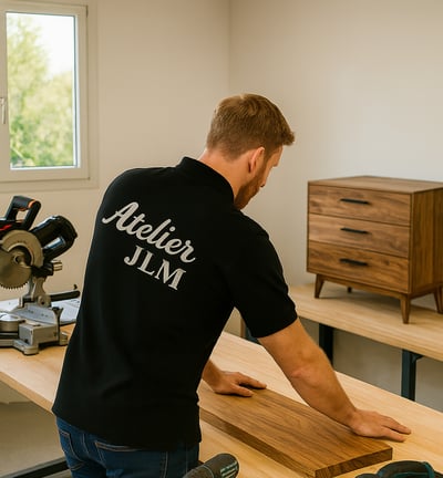 Artisan Atelier JLM en train de fabriquer un meuble sur mesure