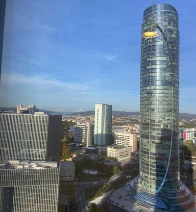 a tall building with a large glass window