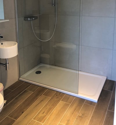salle de bain montrant douche, évier et wc