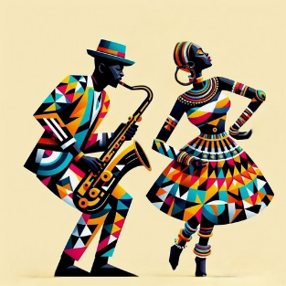 a man and woman playing saxophones in a colorful, geometric pattern