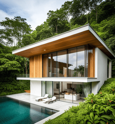 a house with a pool and a pool in the background