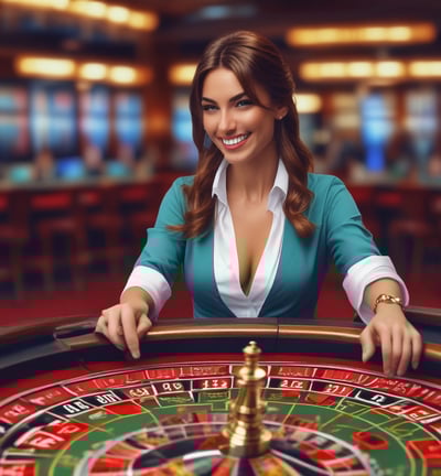 A dimly lit casino filled with rows of slot machines, some occupied by people. The machines' lights contrast with the dark surroundings, creating a vibrant yet subdued atmosphere.