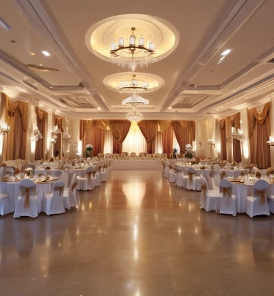 An outdoor wedding setup features neatly arranged white chairs facing a wooden arch adorned with white fabric and floral decorations. The setting overlooks a calm body of water, surrounded by lush greenery and a well-kept lawn.