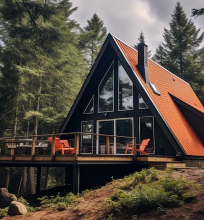 a house with a bright roof and a wooden deck