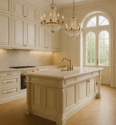 cocina-lujo-clasica-neoclasica-isla-marmol-molduras-dorado