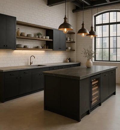 cocina-lujo-industrial-chic-isla-piedra-acero-vigas-vistas-loft