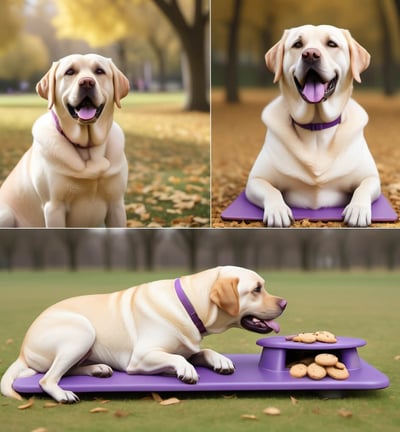 Labrador sitting in a park with a mat, and with a bowl of dog cookies