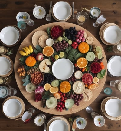 A dining table is set with striped napkins, a glass bottle with a cork top, and a stack of white plates. There are modern, white chairs around the table, and a potted plant is visible in the background. The table has a wooden surface with a minimalist style.