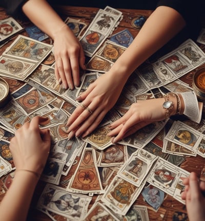 A pair of hands is positioned palms-up on a cloth featuring zodiac signs and a sun-like face. A stack of tarot cards, adorned with mystical symbols, rests on the cloth, surrounded by scattered blue glass beads.