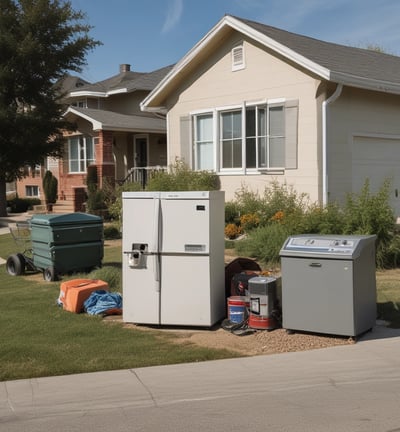 A series of recycling bins lined up against a beige wall, each labeled for different types of materials like brown glass, green glass, and aluminum. Some bins have waste sticking out, indicating they are full. Nearby, a few bags and loose pieces of litter are scattered on the ground.