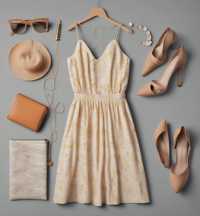 a summer dress with a hat, heels, and sunglasses with clutches