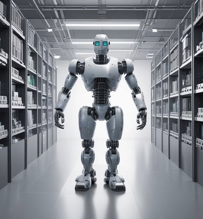 A robot with large circular eyes, a mechanical mouthpiece, and an articulated arm set against a warm, reddish background. The metal features have a worn, rustic appearance, adding a sense of vintage charm.