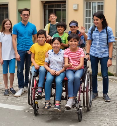 Several adults are gathered around a young girl, placing their hands gently on her shoulders in a supportive gesture. They seem to be outdoors, with trees and a small building visible in the background. The scene conveys a sense of care and community.