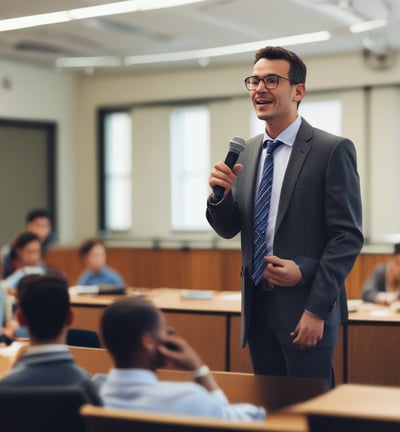 A man in a white t-shirt and khaki pants is speaking into a microphone in a classroom setting. He stands in front of a whiteboard with various words written on it. Several seated individuals are listening attentively, dressed in formal attire.