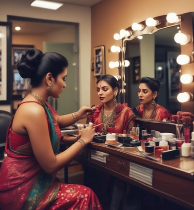 A person with long, wavy hair is receiving makeup, being applied with a brush around the eye area. The setting is bright with natural lighting, and a slight smile is present, suggesting a calm and pleasant atmosphere.