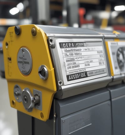 Rows of metal containers with colorful labels are stacked together, each secured by horizontal and vertical wires. The labels display vibrant designs and text in various languages.