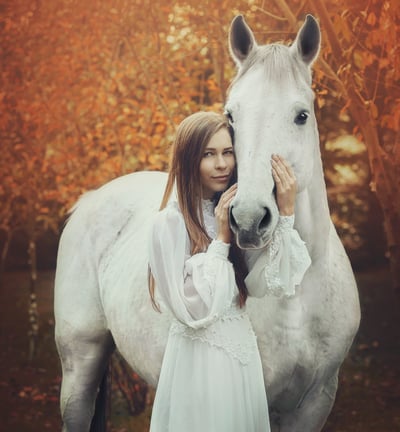 White horse and girl fall photo shoot
