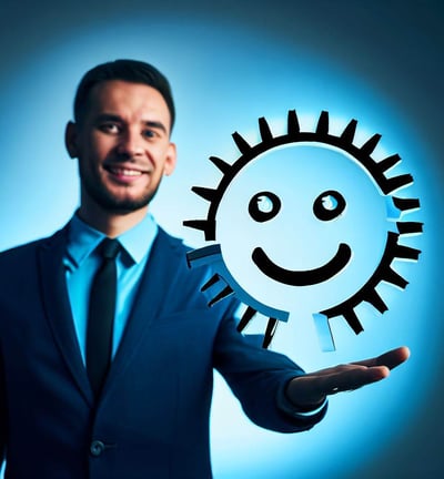 a man in a suit and tie holding a smiley face