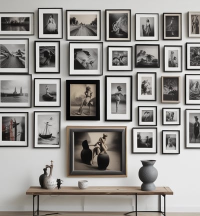 A display stand holds various art prints and posters in frames. Each print features colorful and diverse artwork, including cityscapes and famous magazine covers. A sign on top reads '$6 with frame 8x10'. The background shows leafy trees.