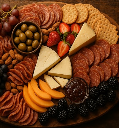 a platter of cheese and fruit on a wooden board