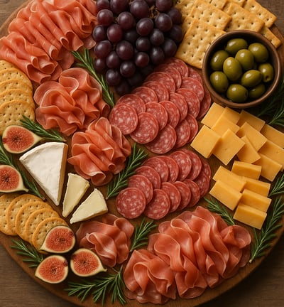 a platter of cheese and crackers on a wooden board