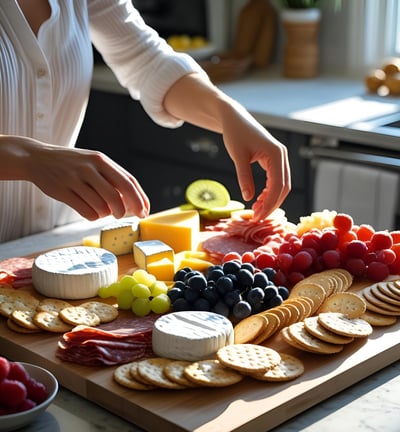 a woman is preparing to make a cheese board