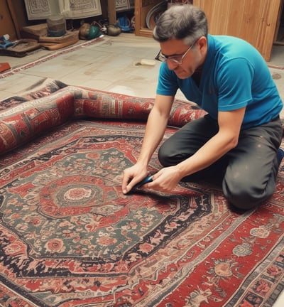 An intricately woven carpet with floral and geometric patterns. The design includes flowers, leaves, and symmetric motifs in blue and beige colors set against a brown background.