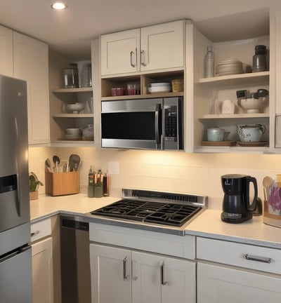 A retro-style kitchen setup featuring a pastel blue microwave and a cream-colored toaster stacked on top. Next to them is a matching pastel blue kettle. The appliances are placed on a wooden countertop against a white tiled wall.