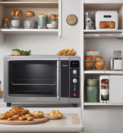 A kitchen countertop featuring a classic green kettle and toaster set. The countertop is made of a smooth, reflective surface. The kettle has a brown handle and a polished metal spout, while the toaster has round buttons and a dial. The background consists of white tiled walls and a few additional kitchen appliances partially visible.