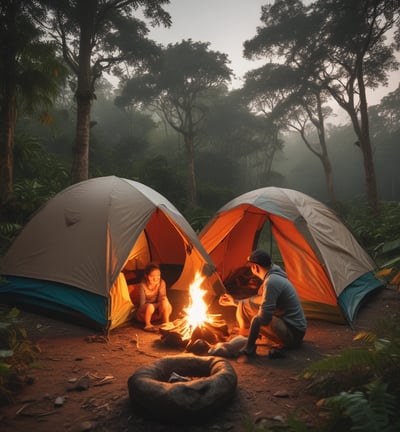 A campsite featuring several parked recreational vehicles and tents set up beneath tall trees. A gazebo with pillars stands in a grassy area, and there are picnic tables visible. The scene evokes a peaceful, natural setting for outdoor activities.